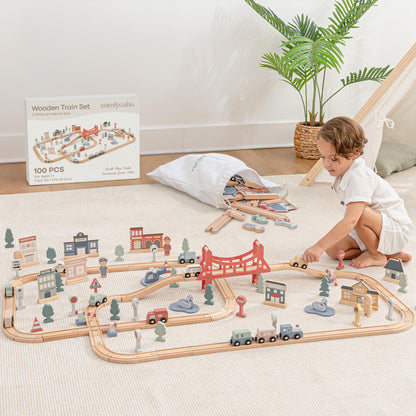 Comfy Cubs 100-Piece Wooden Train Set for Toddlers Ages 1+, Fun & Eco Friendly Toddler Train Set