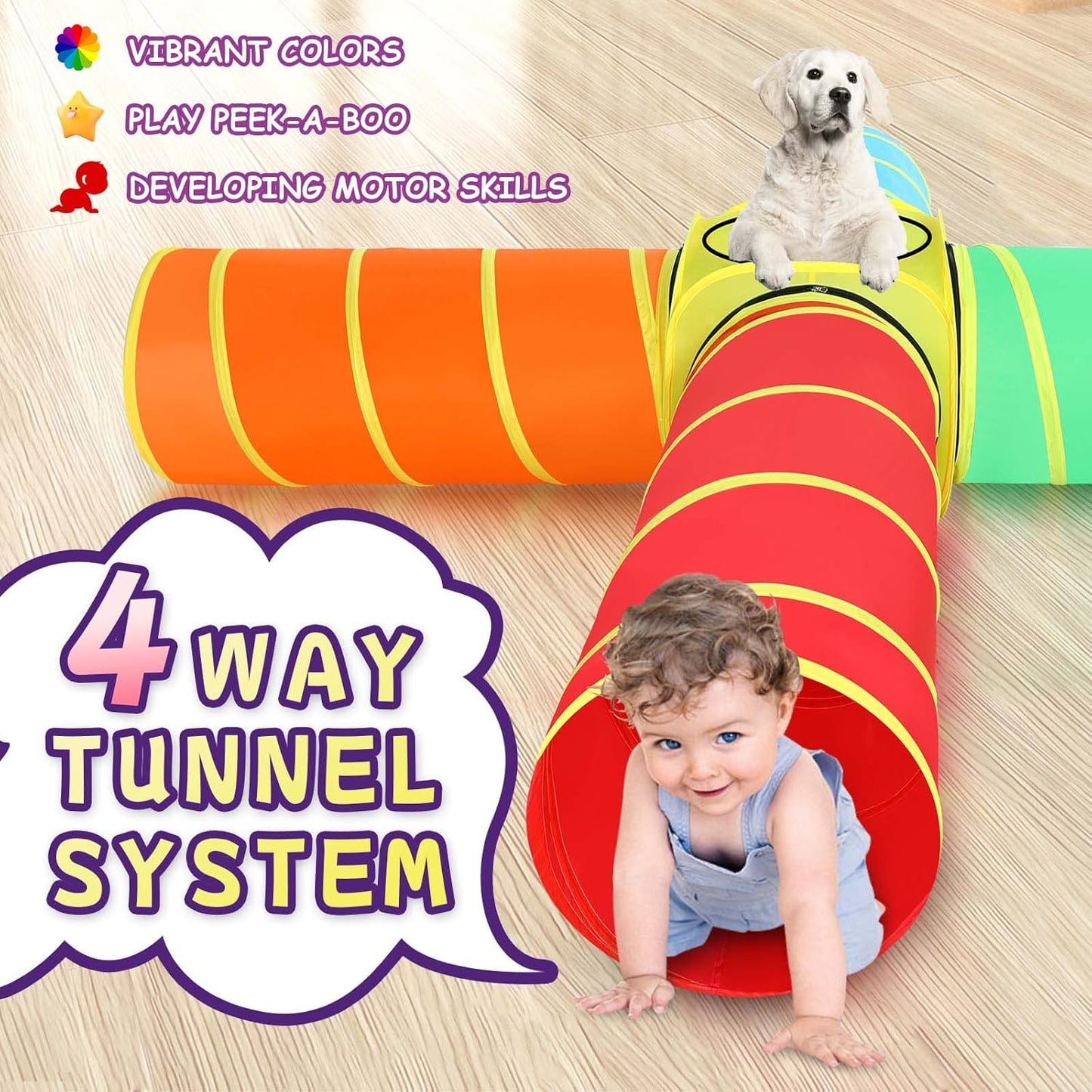 Moncoland Kids Play Tunnel Tent for Toddlers, 5 PCS Colorful Pop Up Crawl Tunnel Toy for Baby or Pet, Collapsible Gift for Boy and Girl Indoor Outdoor Game