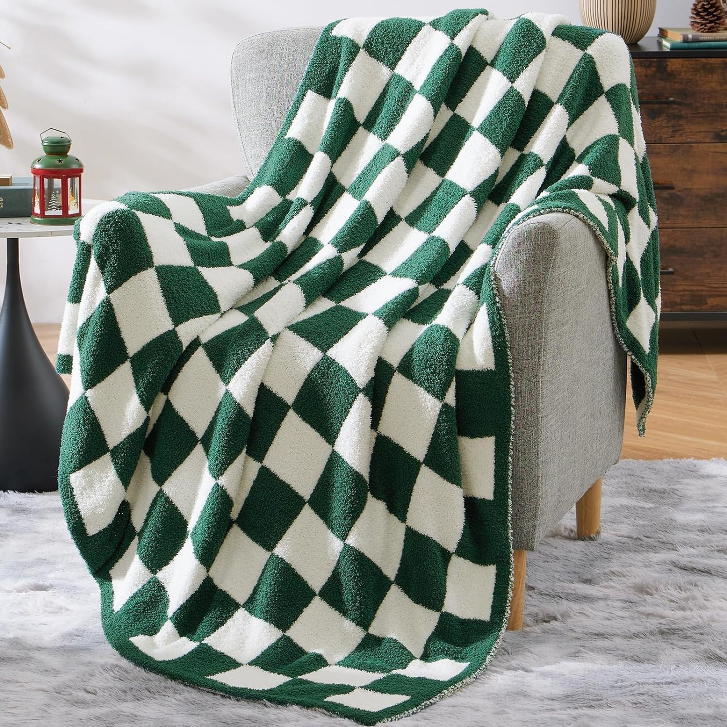 WRENSONGE Checkered Throw Blanket, Avocado Green Soft Cozy Fluffy Warm Hand Made Throw Blankets for