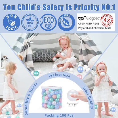 GOGOSO 100 Non-Toxic Play Balls for Kids - Soft, Crush-Proof, and BPA-Free Pit Balls in Fun Colors for Indoor/Outdoor Playtime