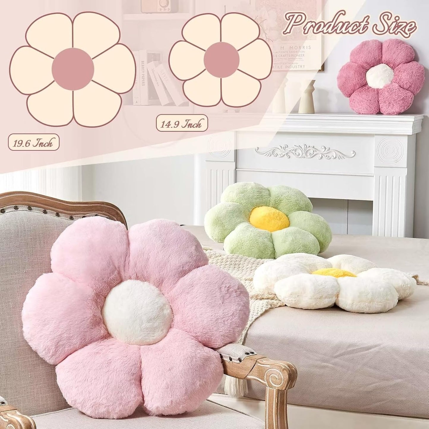 Dusty Rose Flower Shaped Throw Pillow with Faux Rabbit Fur, 14.9" Soft Plush Throw Pillow for Bedroom & Living Room