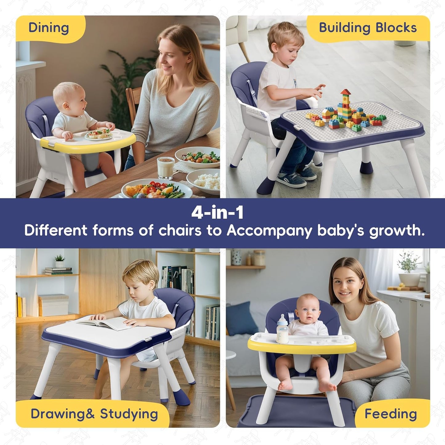 4 in 1 Baby High Chair, Toddler Chair with Removable Tray, Convertible High Chairs for Babies and
