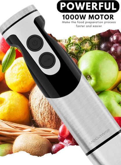MegaWise Stainless Steel Titanium Reinforced 3-in-1 Immersion Hand Blender, Powerful with 80%