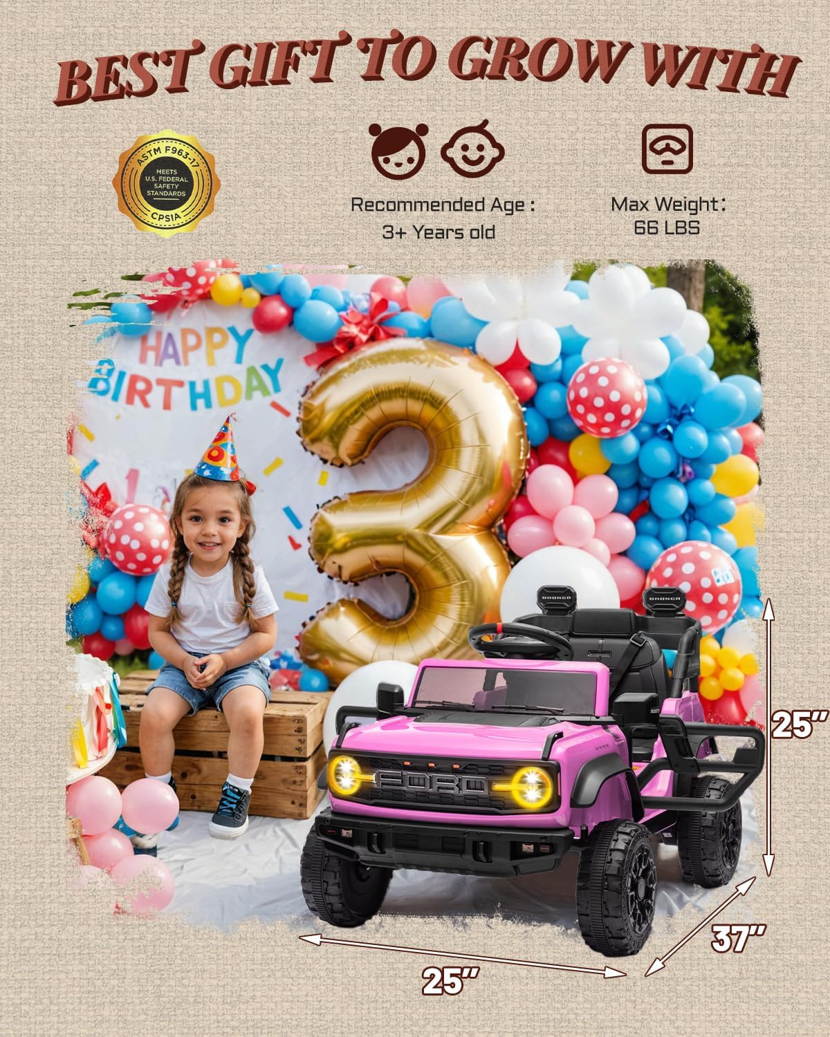 12V Electric Ride on Toys for Toddler, Ford Bronco Raptor Kids Ride on Car with Remote Control, 12 Volt Battery Powered Cars for Children with Smooth Start, Bluetooth (12V, Pink)