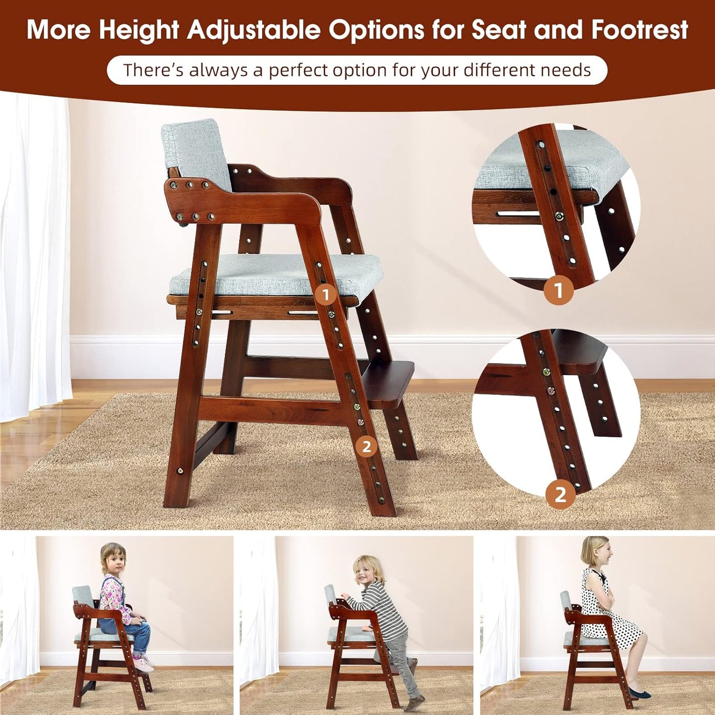 Ezebaby Wooden High Chair for Toddlers to Teens, Adjustable Kids Study & Dining Chair with Steps