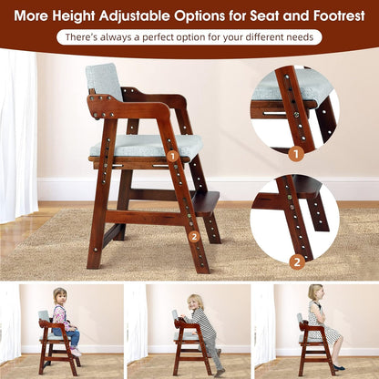 Ezebaby Wooden High Chair for Toddlers to Teens, Adjustable Kids Study & Dining Chair with Steps