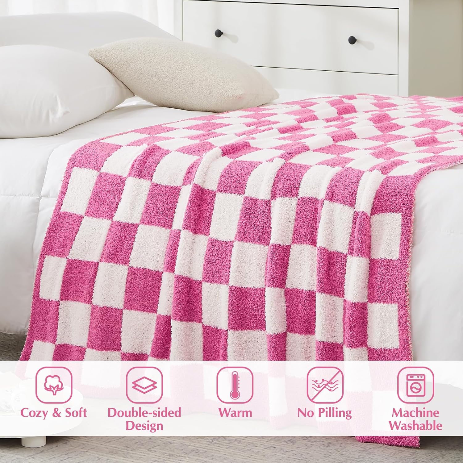 WRENSONGE Checkered Throw Blanket, Hot Pink Soft Cozy Fluffy Warm Hand Made Throw Blankets for