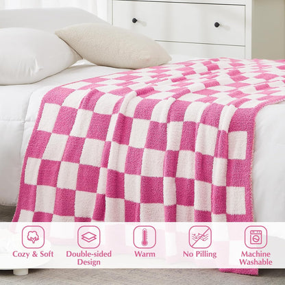 WRENSONGE Checkered Throw Blanket, Hot Pink Soft Cozy Fluffy Warm Hand Made Throw Blankets for