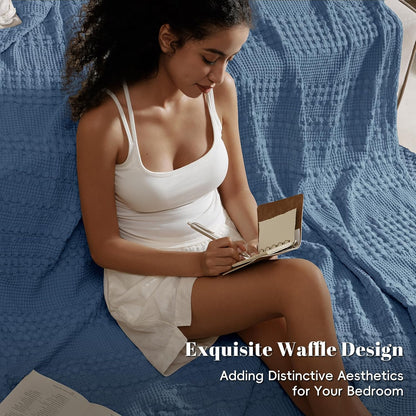 PHF 100% Cotton Waffle Weave Blanket King Size, Soft Lightweight Breathable Cozy Summer Blankets for Bed, Luxury Aesthetic Woven Bedding for Home Decor, 108"x90", Captain's Blue