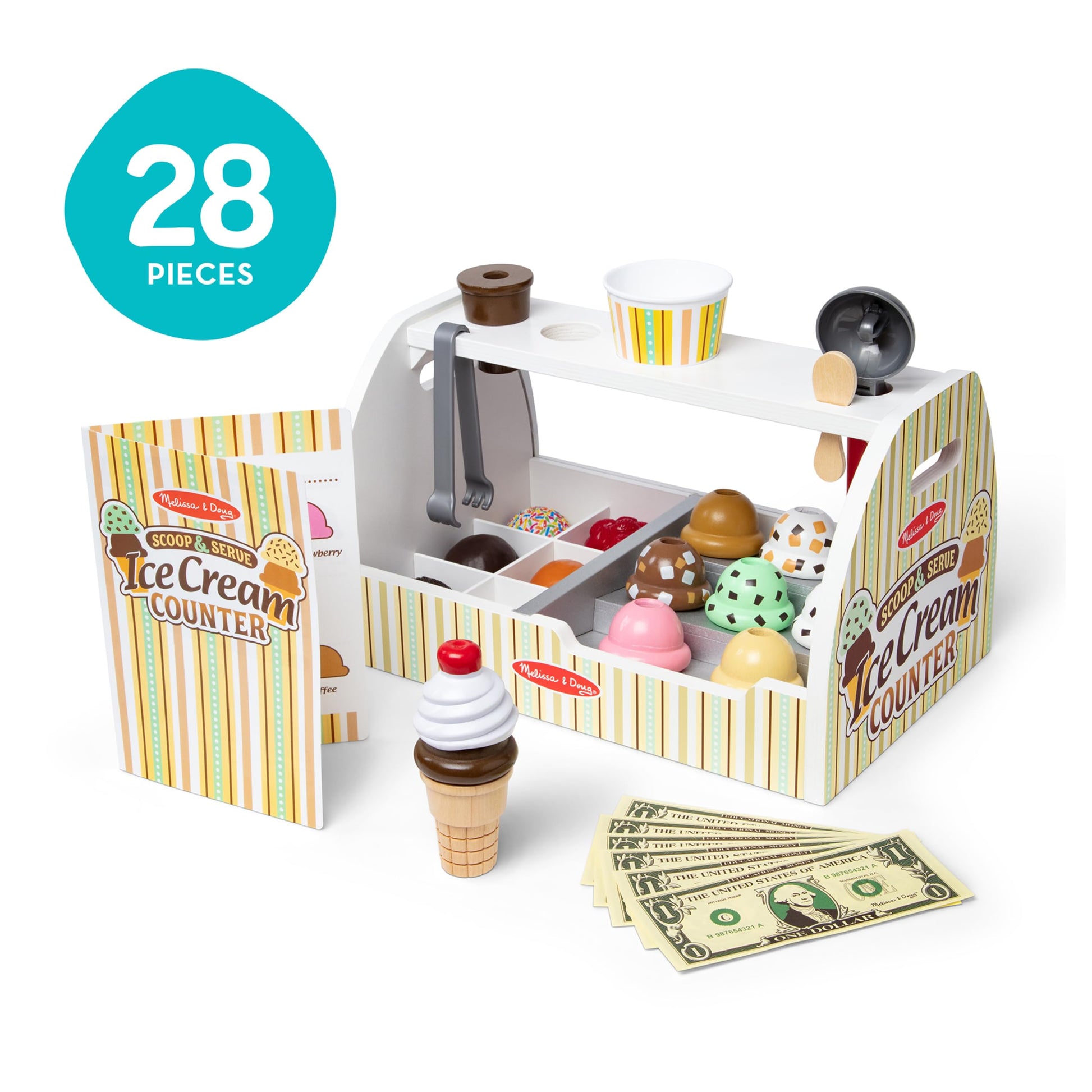 Melissa & Doug Wooden Scoop & Serve Ice Cream Counter, Pretend Play Store, 28 Toy Food & Play
