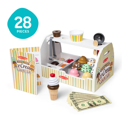 Melissa & Doug Wooden Scoop & Serve Ice Cream Counter, Pretend Play Store, 28 Toy Food & Play