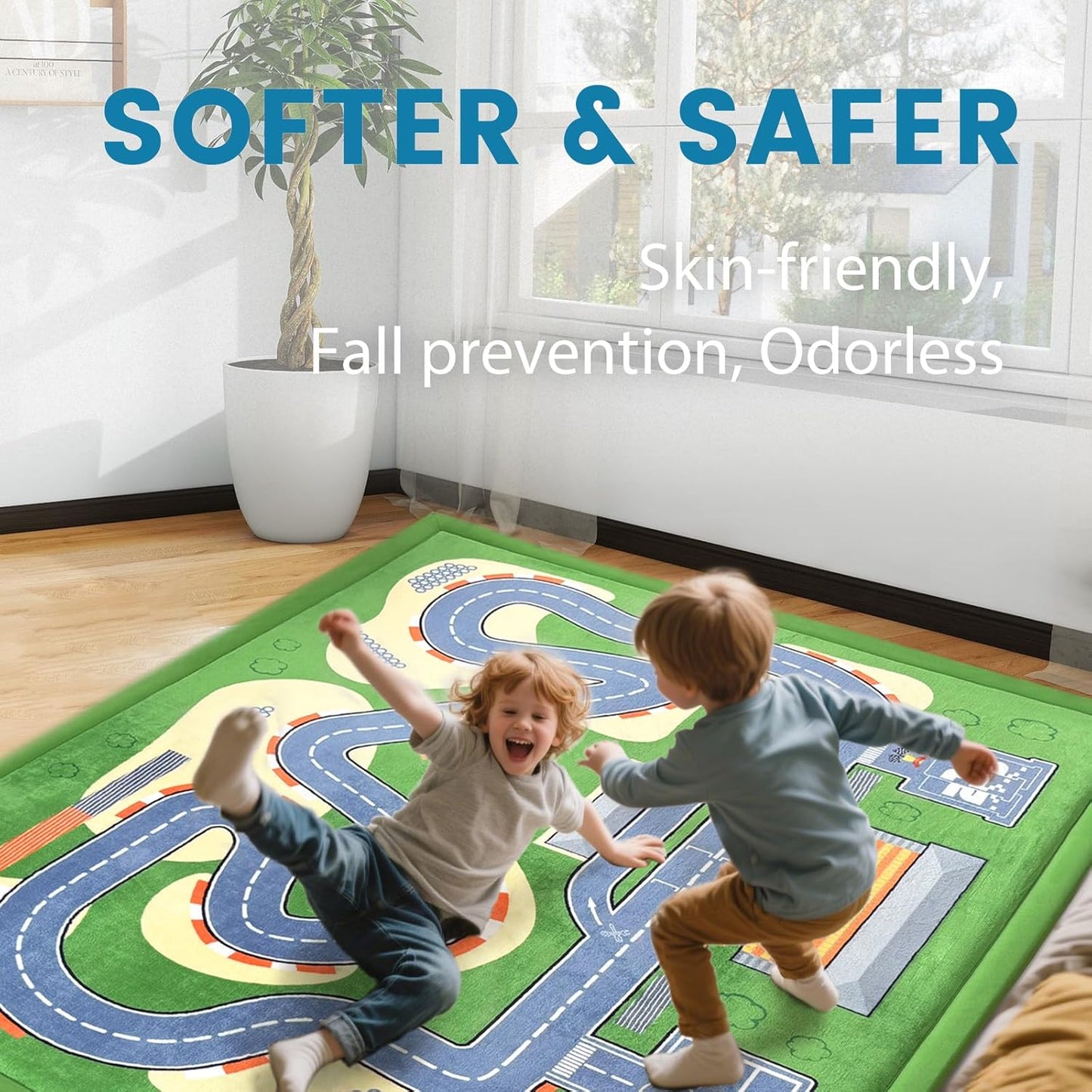 Kids Play Rug with Roads, 79"×118" Large Floor Mat Toy Cars Race Track for Classroom 1.3" Thickened Elasti-Foam Activity Education Baby Play Mat with Anti-Slip Backing