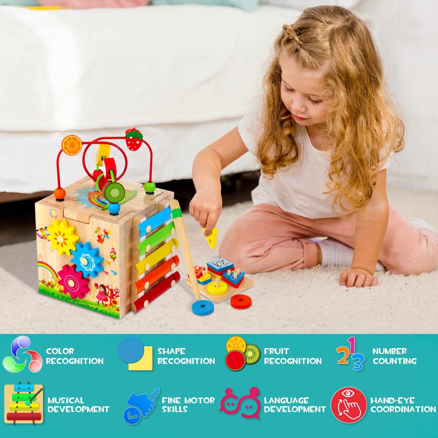 HELLOWOOD Wooden Activity Cube, 8-in-1 Montessori Baby Toys for 1+ Year Old Boys & Girls