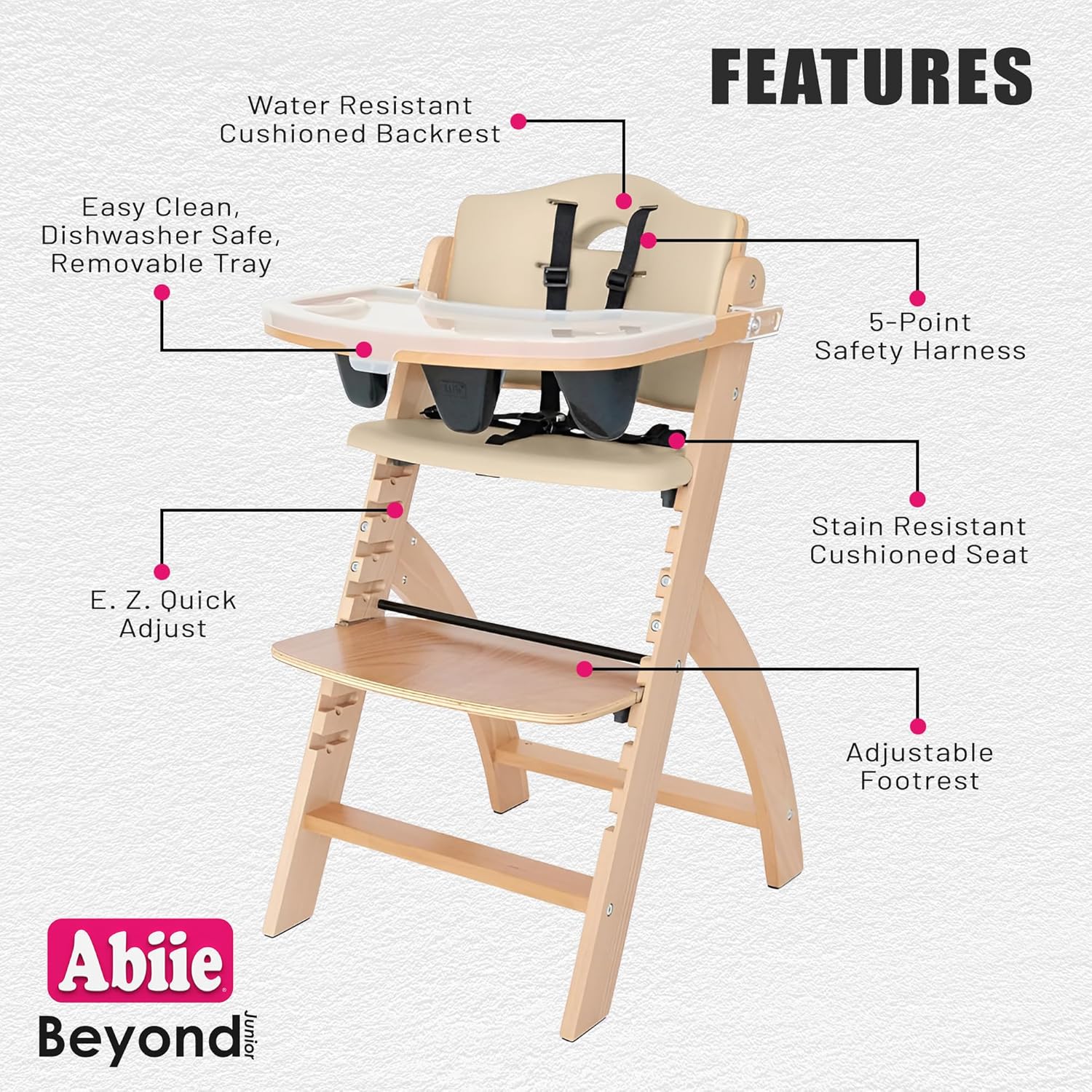 Abiie Beyond Junior Wooden High Chair with Tray - Adjustable and Convertible High Chair for Babies