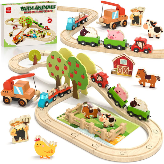 Lehoo Castle Farm Wooden Train Set, Wooden Train Tracks Set for Kids