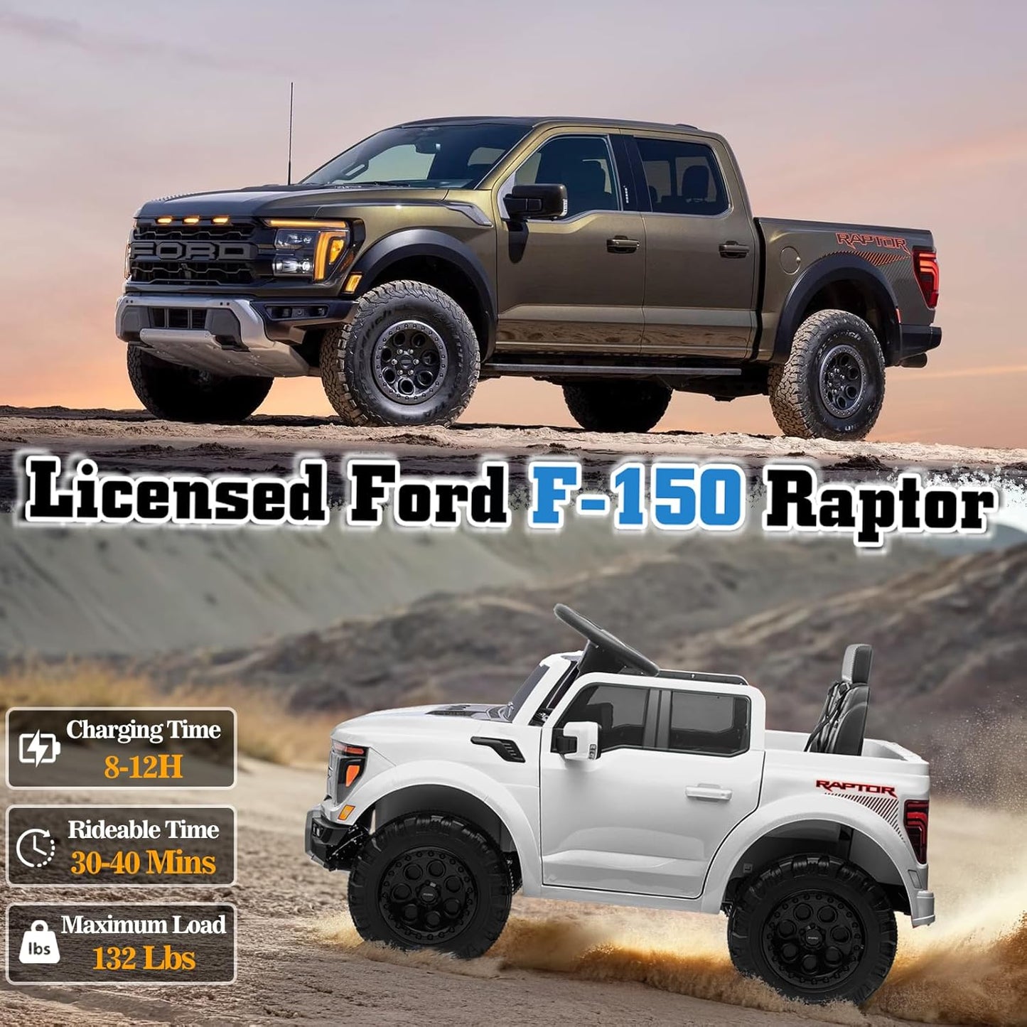 12V Ride on Car Licensed Ford F-150 Raptor, Kids Electric Car with Remote Control, LED Light/Music/MP3, Truck Bed Storage, 3-Point Seat Belt (12V, White)