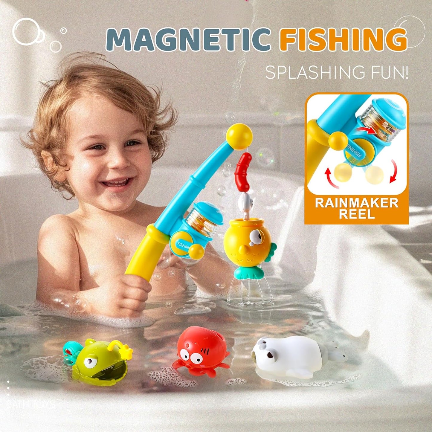 Bath Toys for Kids, Magnetic Fishing Toys with Storage Bag and Light up Star, Wind Up Creatures