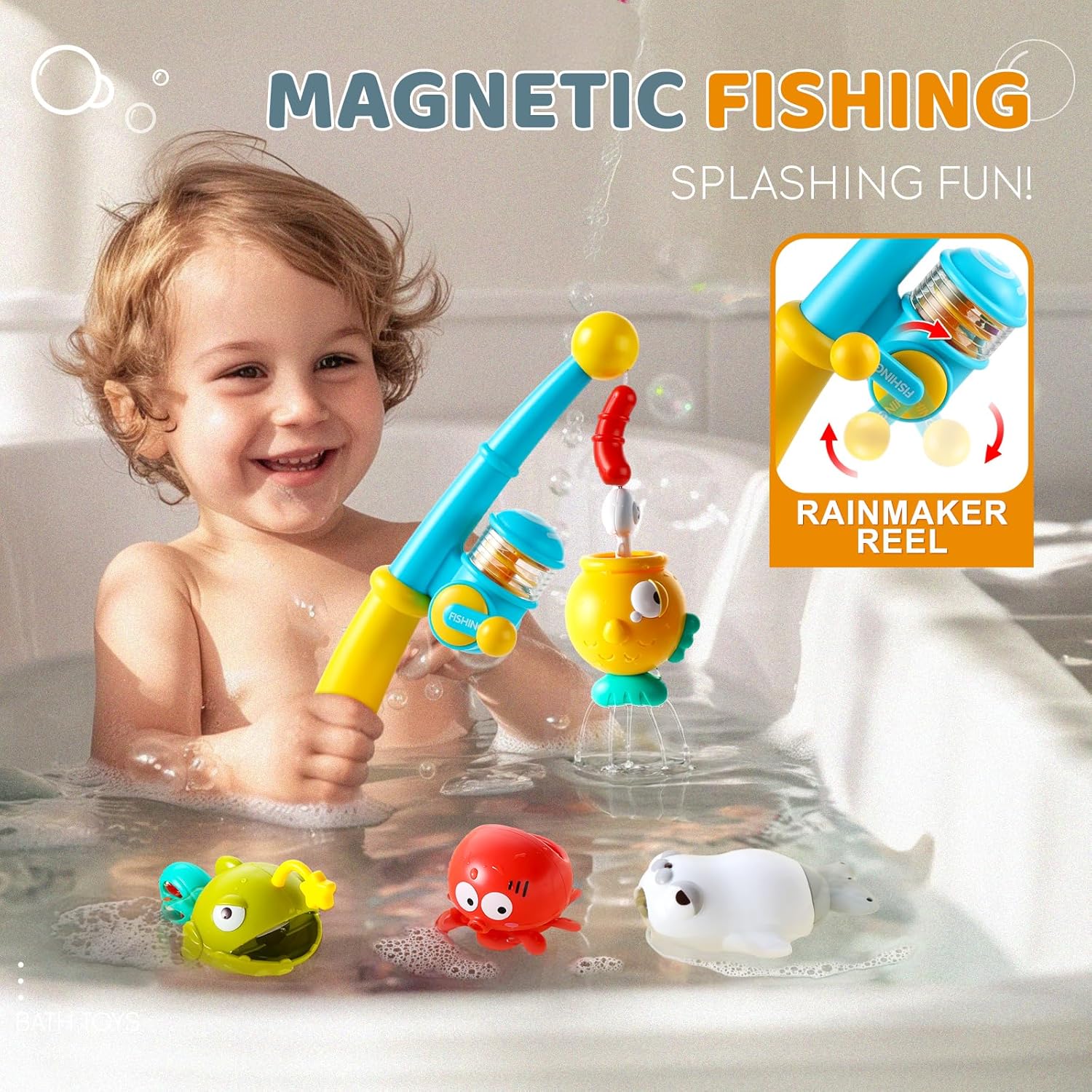 Bath Toys for Kids, Magnetic Fishing Toys with Storage Bag and Light up Star, Wind Up Creatures