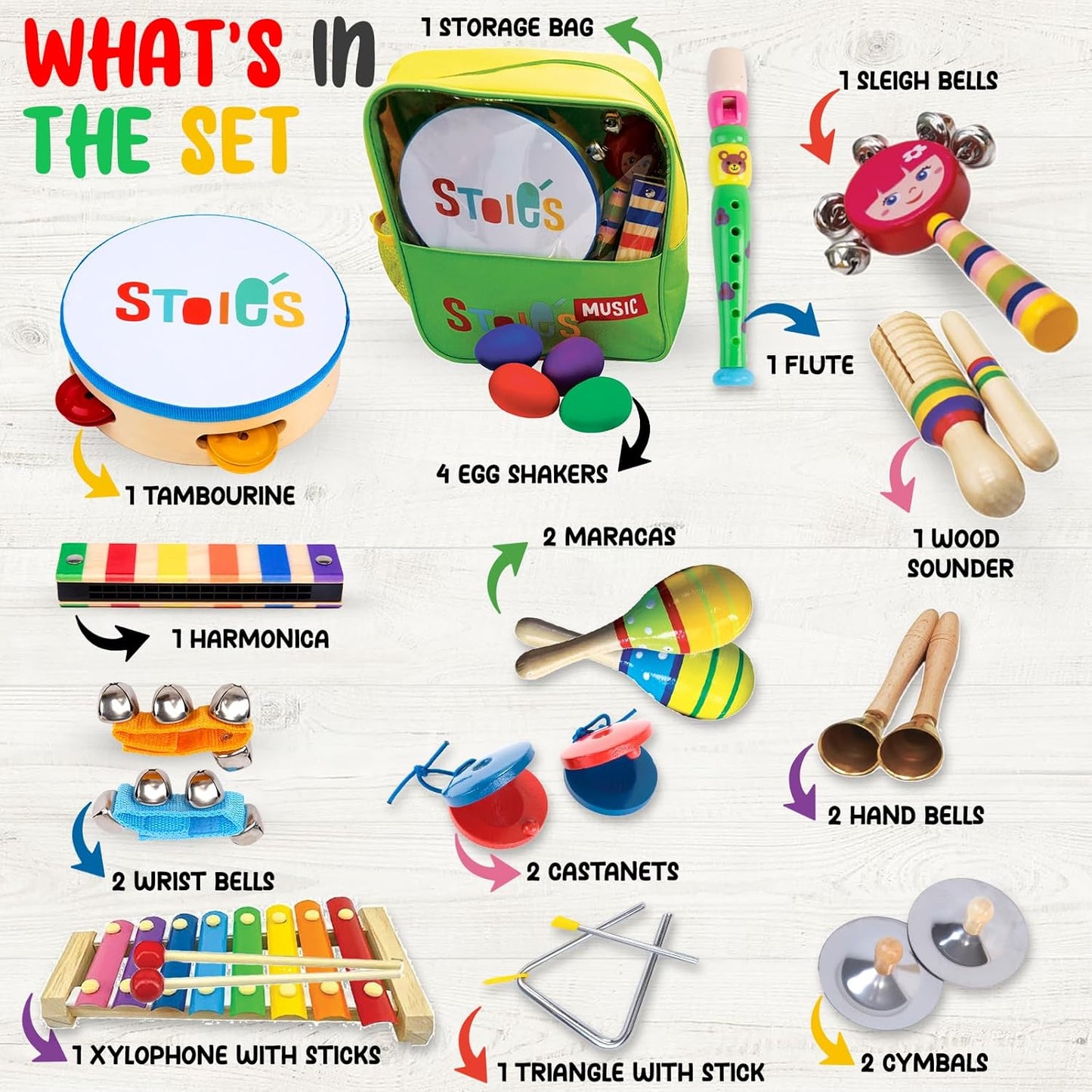 Stoie's Wooden Kids Musical Instruments for 1-5 Years Old, Baby Percussion Toys with Xylophone, Maracas, Tambourine, Durable, Safe to Play, Clear Loud Sound, Bright Rainbow Colors, Storage Backpack