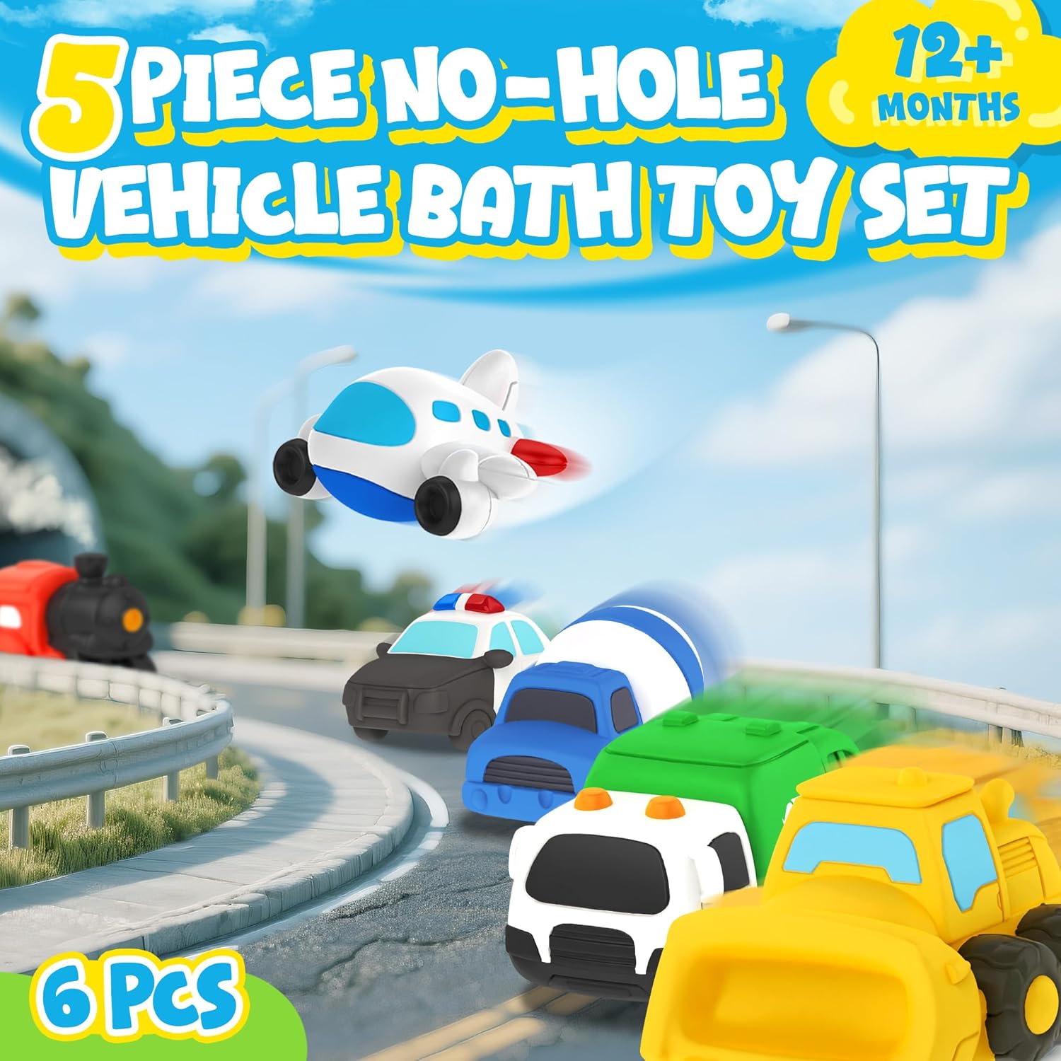 6 PCS Vehicle Floating Bath Toys Mold Free Infant Bath Tub Toys for 12 Months - No Hole Bathtub