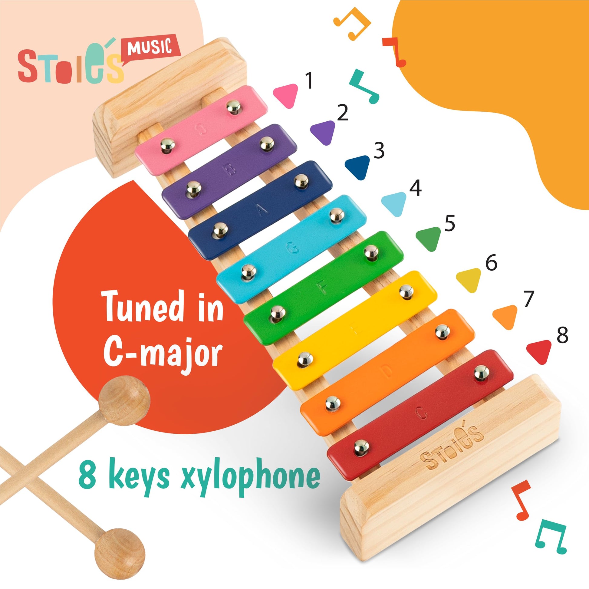 Stoie's Wooden Xylophone for Kids and Toddlers, Kid-Friendly Design, 8 Notes of Rainbow Color