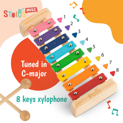 Stoie's Wooden Xylophone for Kids and Toddlers, Kid-Friendly Design, 8 Notes of Rainbow Color