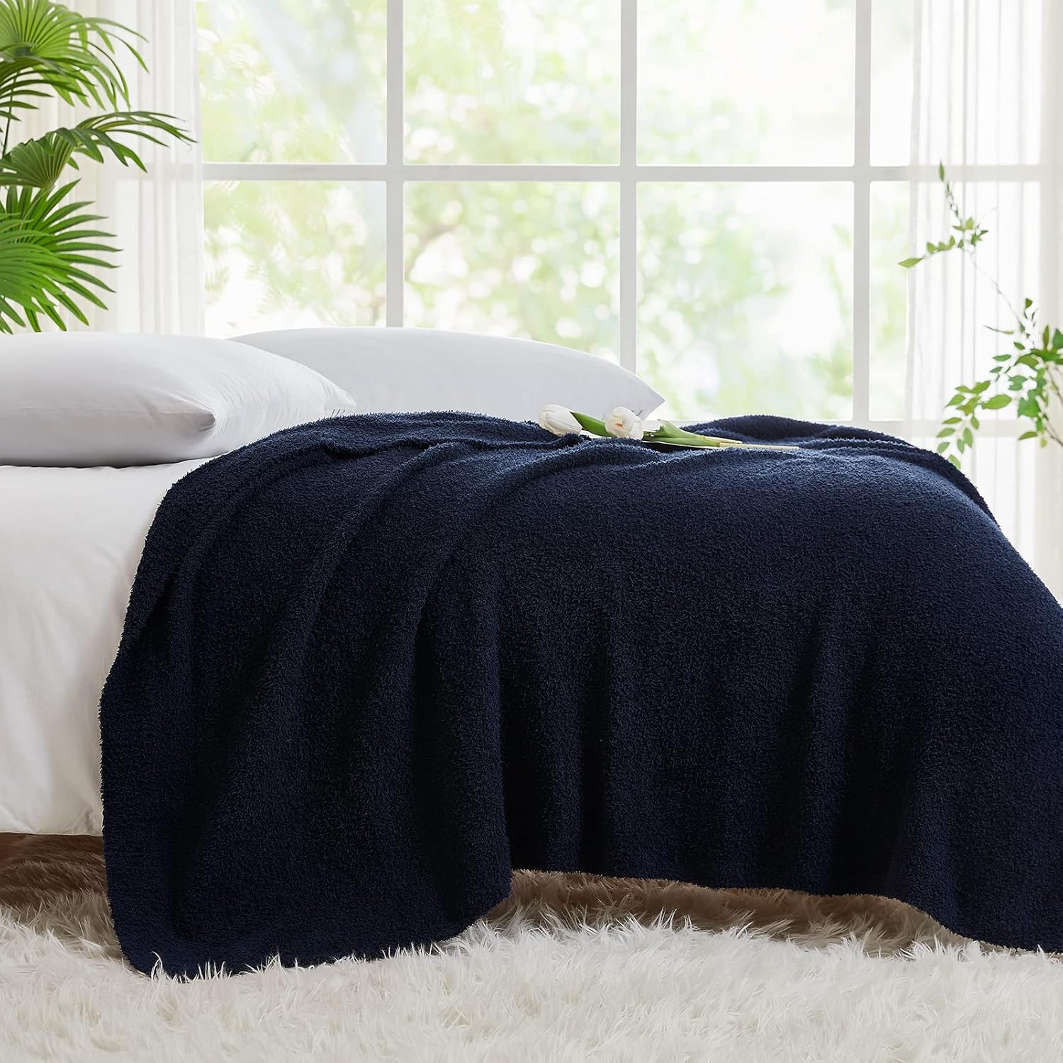 CYMULA Knit Throw Blanket for Couch Navy Blue-Super Soft Lightweight Plush Fuzzy Fluffy Cozy