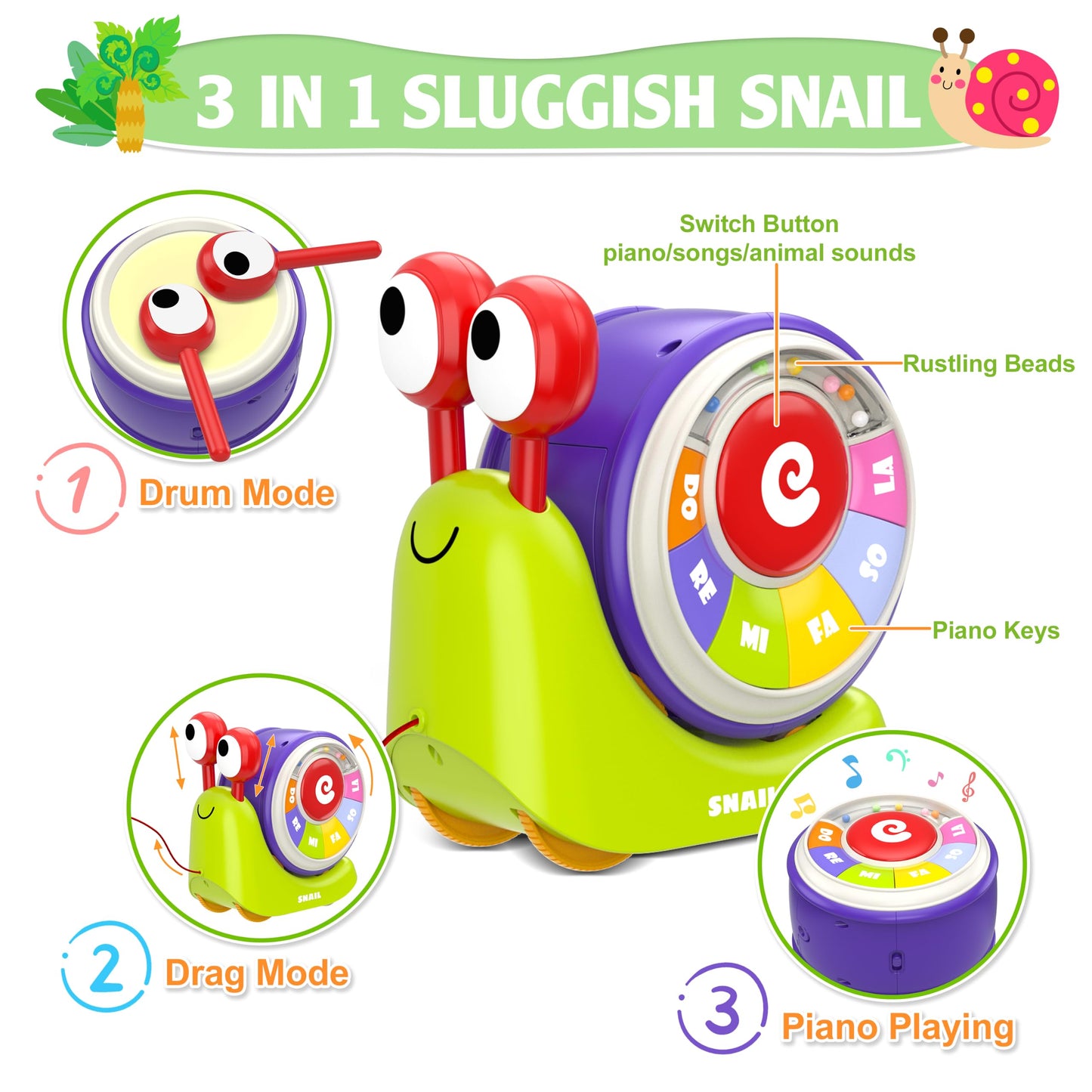 Ciesa 3 in 1 Musical Toddler Toys for 1-3 Year Old, Pull Along Snail Toy with Baby Piano and Light