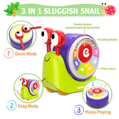 Ciesa 3 in 1 Musical Toddler Toys for 1-3 Year Old, Pull Along Snail Toy with Baby Piano and Light