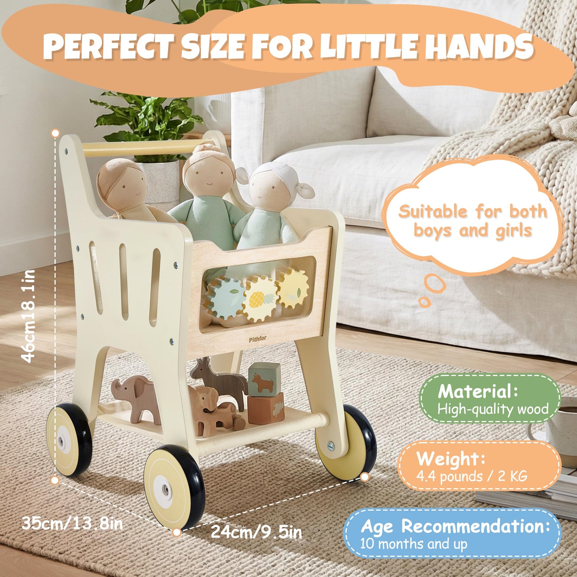 Pithfor Wooden Shopping Cart for Kids, 3 in 1 Wooden Baby Push Walker, Baby Doll Stroller, Toy