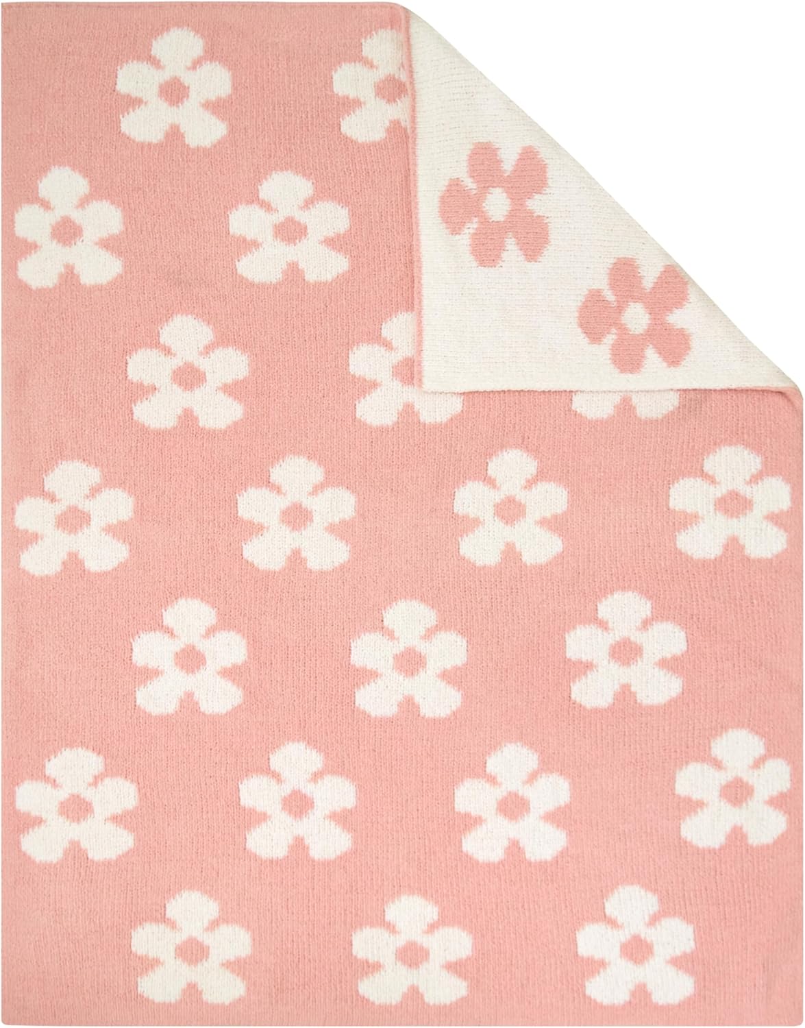 Living Textiles Pink Floral Daisy Chenille Soft Baby Blanket Reversible Premium Cozy Fabric for