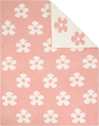 Living Textiles Pink Floral Daisy Chenille Soft Baby Blanket Reversible Premium Cozy Fabric for