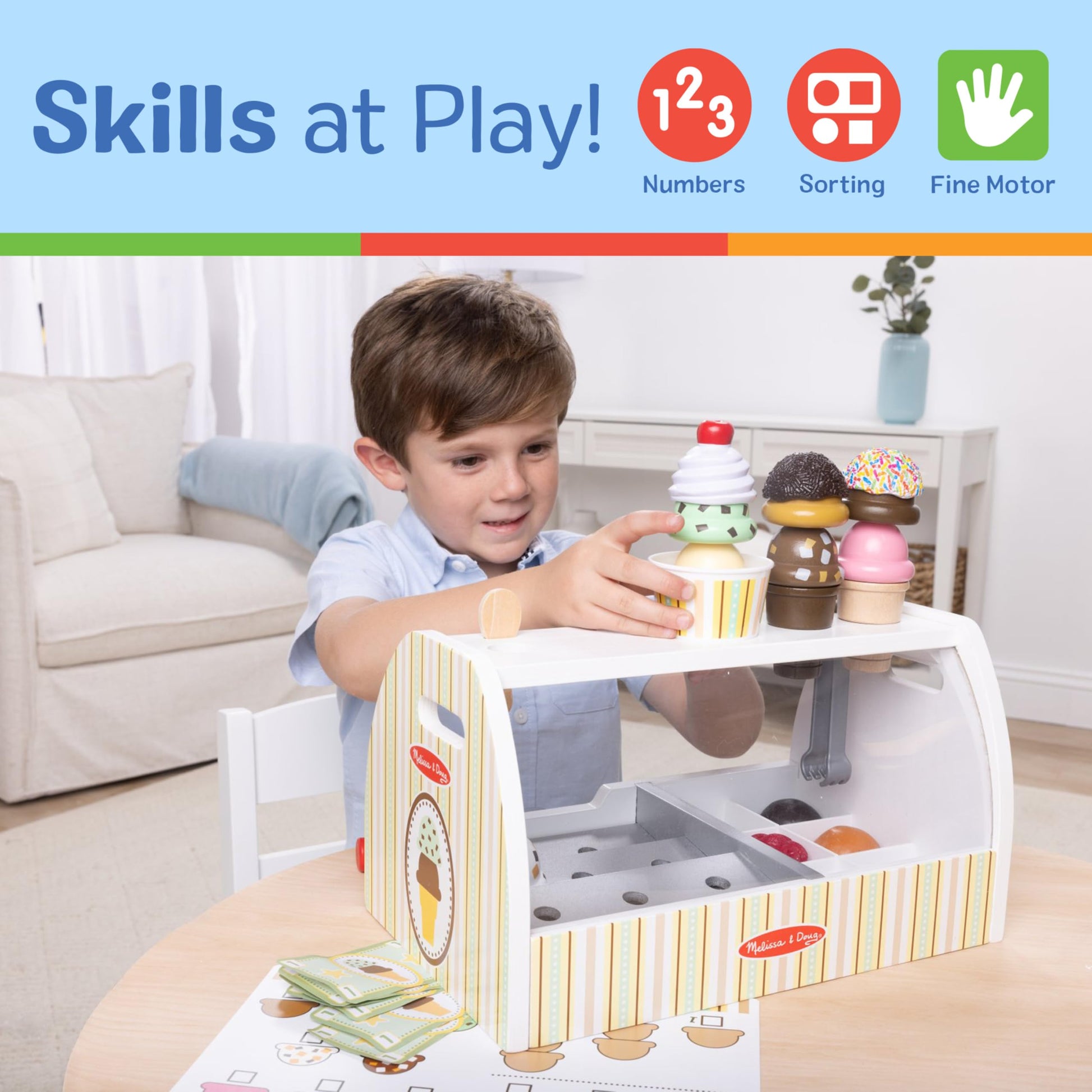 Melissa & Doug Wooden Scoop & Serve Ice Cream Counter, Pretend Play Store, 28 Toy Food & Play