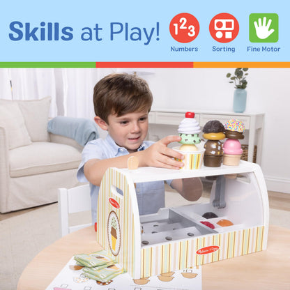 Melissa & Doug Wooden Scoop & Serve Ice Cream Counter, Pretend Play Store, 28 Toy Food & Play