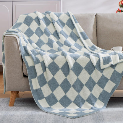 WRENSONGE Checkered Throw Blanket, Grey Blue Soft Cozy Fluffy Warm Hand Made Throw Blankets for