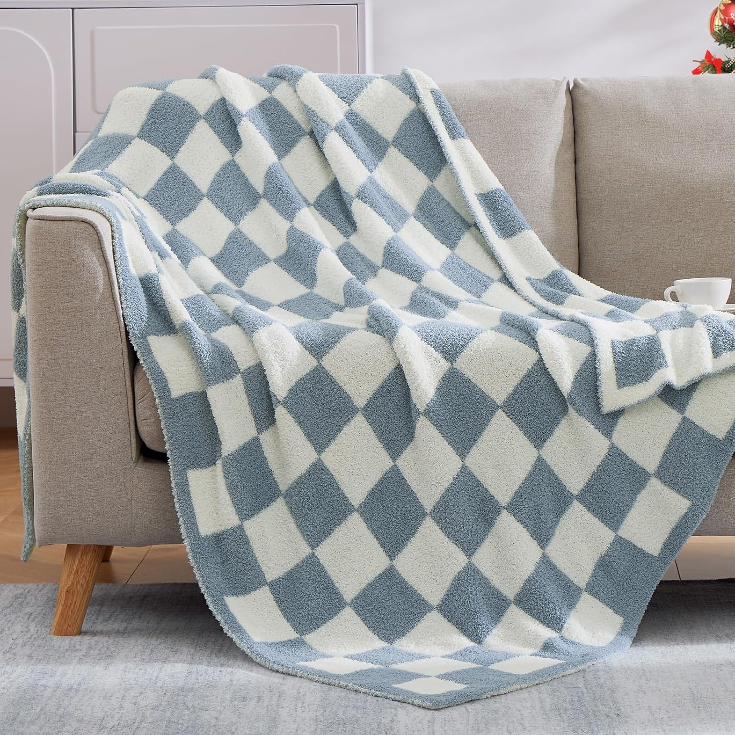 WRENSONGE Checkered Throw Blanket, Grey Blue Soft Cozy Fluffy Warm Hand Made Throw Blankets for