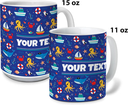 Personalized Mug for Kids - Nautical - Custom Name/Text, Ceramic Hot Chocolate/Cocoa/Coffee Cup for Boys/Girls, Birthday/Christmas/Holiday Gift - 15 oz, Light Blue Handle
