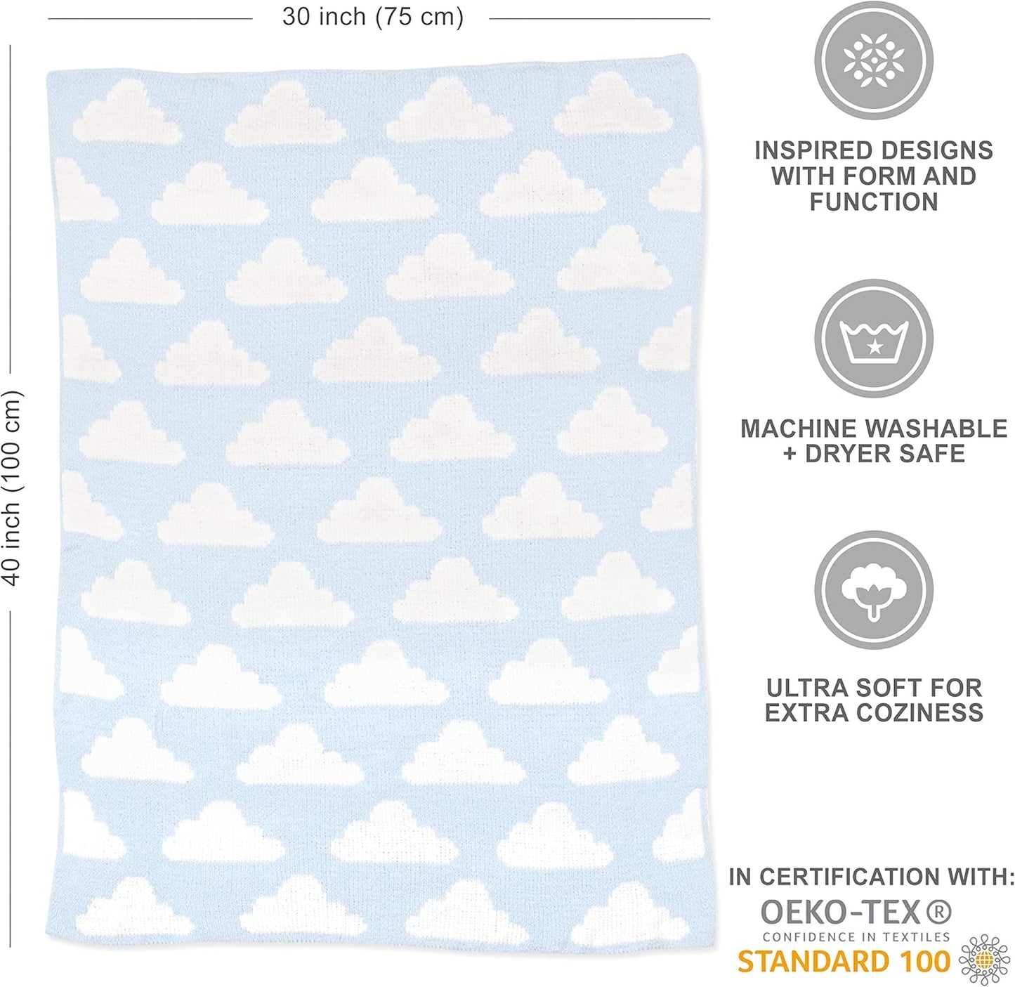 Living Textiles Blue Clouds Chenille Soft Baby Blanket Reversible Premium Cozy Fabric for Best