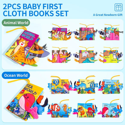 Baby Books 0-6 Months, 2PCS Crinkle Books for Babies, Touch and Feel Sensory Cloth Book 6-12 Months, Tummy Time Toys, Baby Toys for Newborn 6 Page Pink