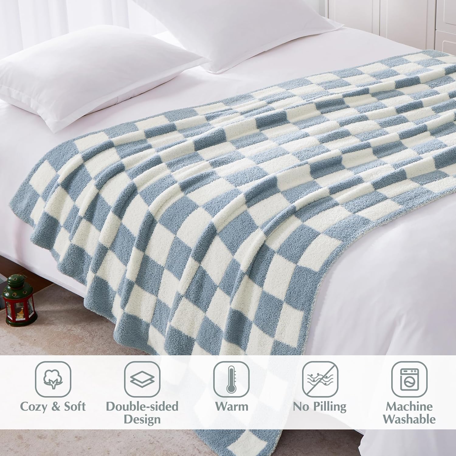 WRENSONGE Checkered Throw Blanket, Grey Blue Soft Cozy Fluffy Warm Hand Made Throw Blankets for