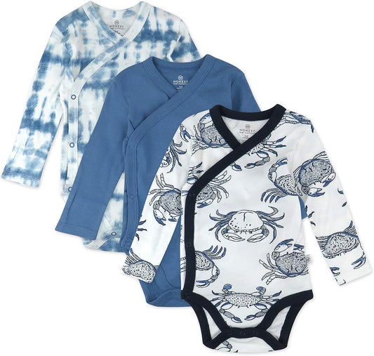 HonestBaby unisex-baby 3-pack Long Sleeve Side-snap Kimono Bodysuits Organic Cotton for Infant Baby Boys, Girls, Unisex