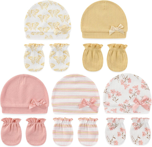 Cute Baby Girl Hats Mittens Set 10-Pack New Born Boy Caps Gloves Suit 0-6 Months Infant Accessories