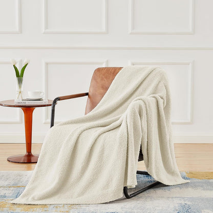 CYMULA Super Soft Knit Throw Blanket Throw Size Beige - Lightweight Plush Fuzzy Fluffy Warm Cozy