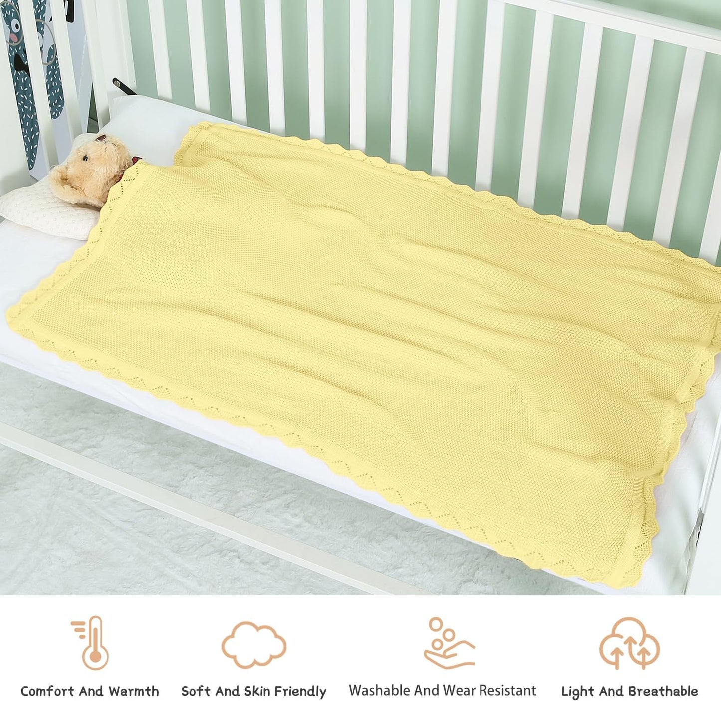 100% Cotton Baby Blanket Knit Soft Warm Lace Toddler Newborn Nursery Blanket, 30 x 40 Inches, Lemon Yellow