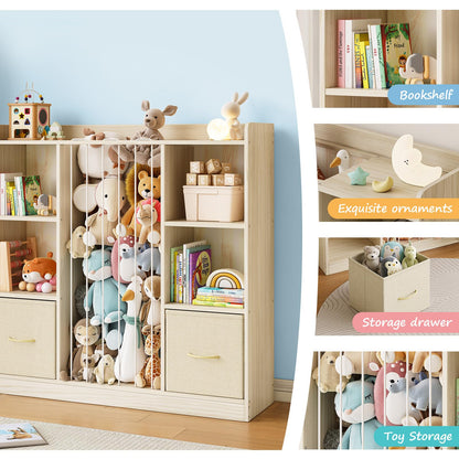 EXPERLAM 4-in-1 Toy Storage Organizer with Stuffed Animal Storage, Solid Pine Kids Bookshelf and