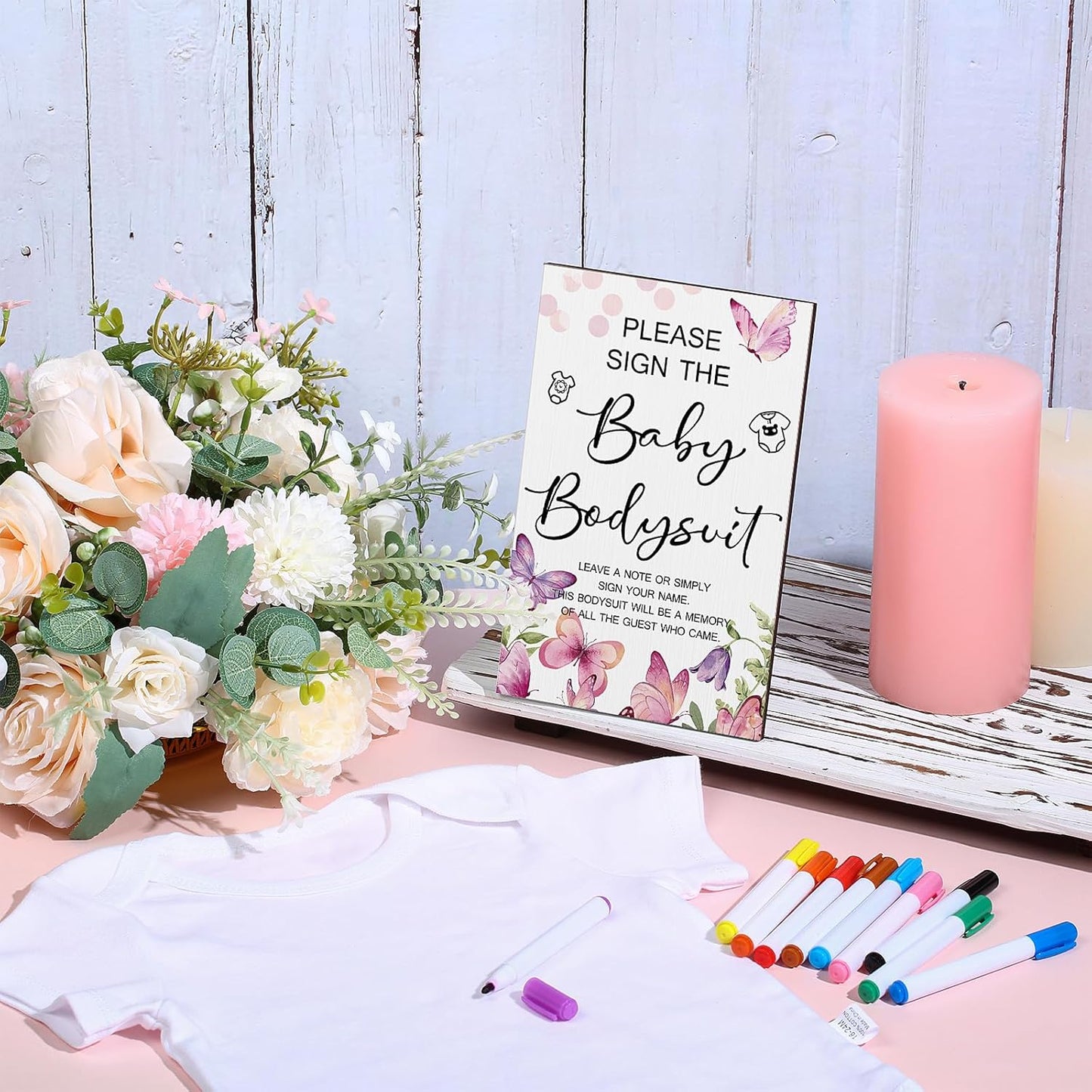 Qunclay 12 Pcs Baby Bodysuit Baby Shower Game Include 1 Game Wooden Sign Tabletop Decor 1 White Blank Newborn Bodysuit 10 Fabric Marker for Gender Reveal Party(Butterfly)