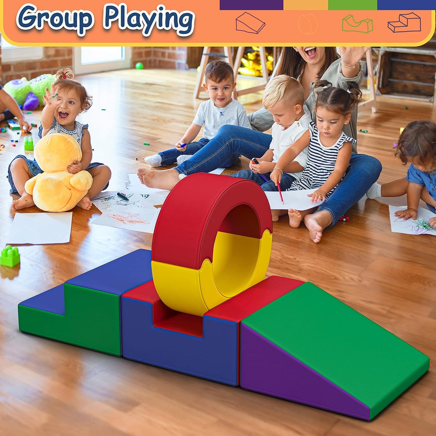 Foam Climbing Toys for Toddlers,4 Pcs Climb & Crawl Soft Play Set for Kids, Safe Indoor Tunnel for Toddler Gym with Pad,Easy to Clean