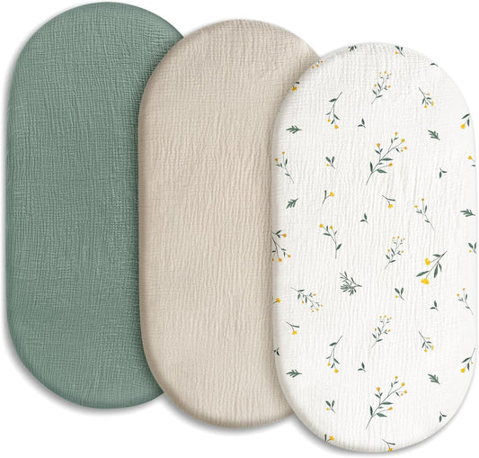 Gllquen Baby Muslin Bassinet Sheets 3 Pack, Breathable Elastic Cozy Fitted Cotton Bassinet Mattress Sheet for Baby Boy Girls, Fit for Hourglass Oval Rectangular Cradle Pad Sheets 33"x17" (Green)