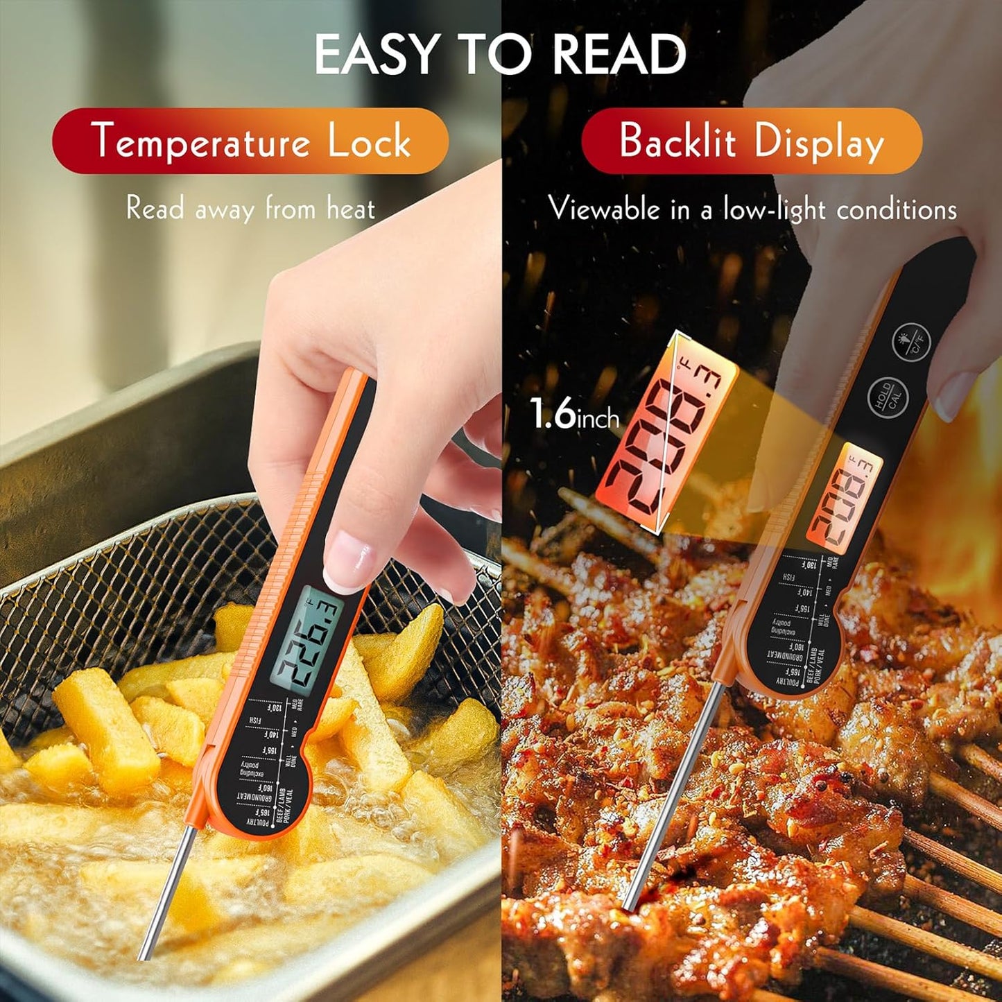 Meat Thermometer Digital with Backlight, Calibration & Hold Function, IP65 Waterproof Food
