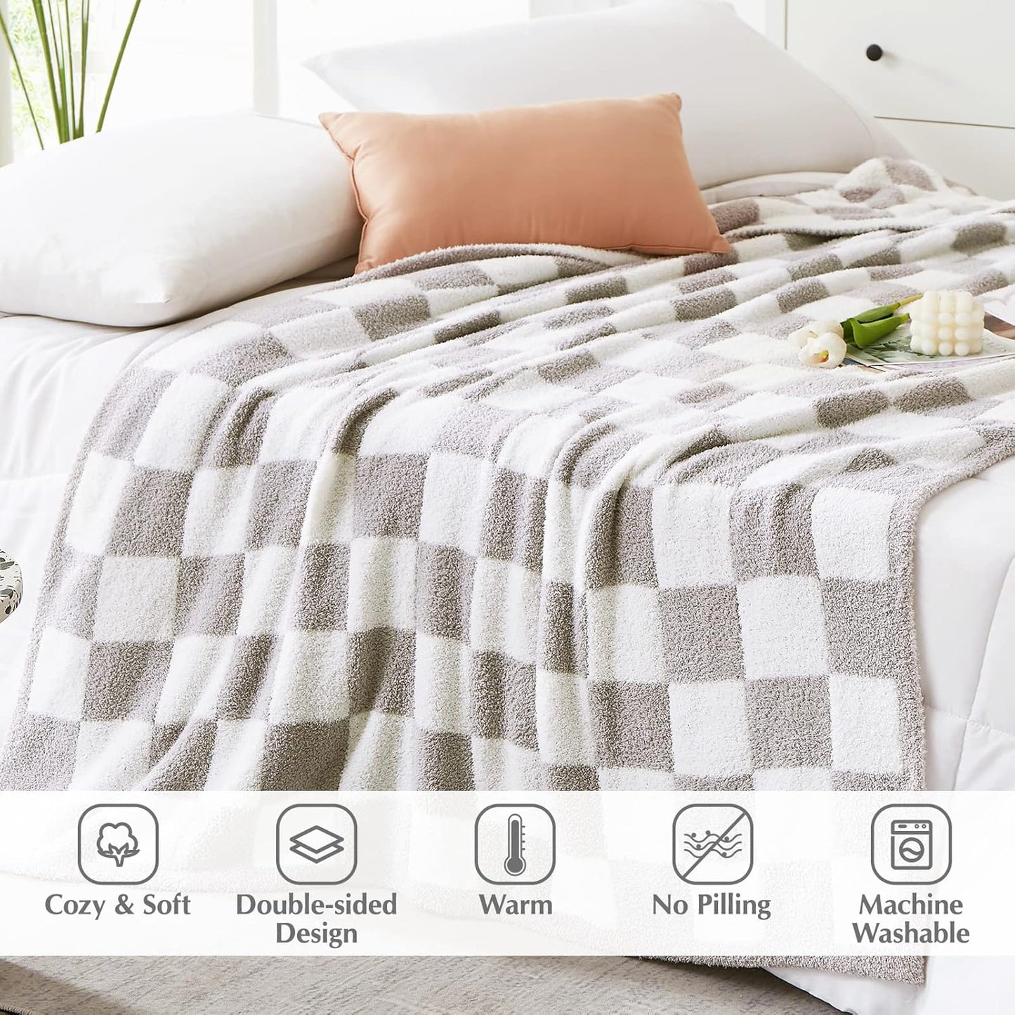 WRENSONGE Checkered Throw Blanket, Light Grey Soft Cozy Fluffy Warm Hand Made Throw Blankets for